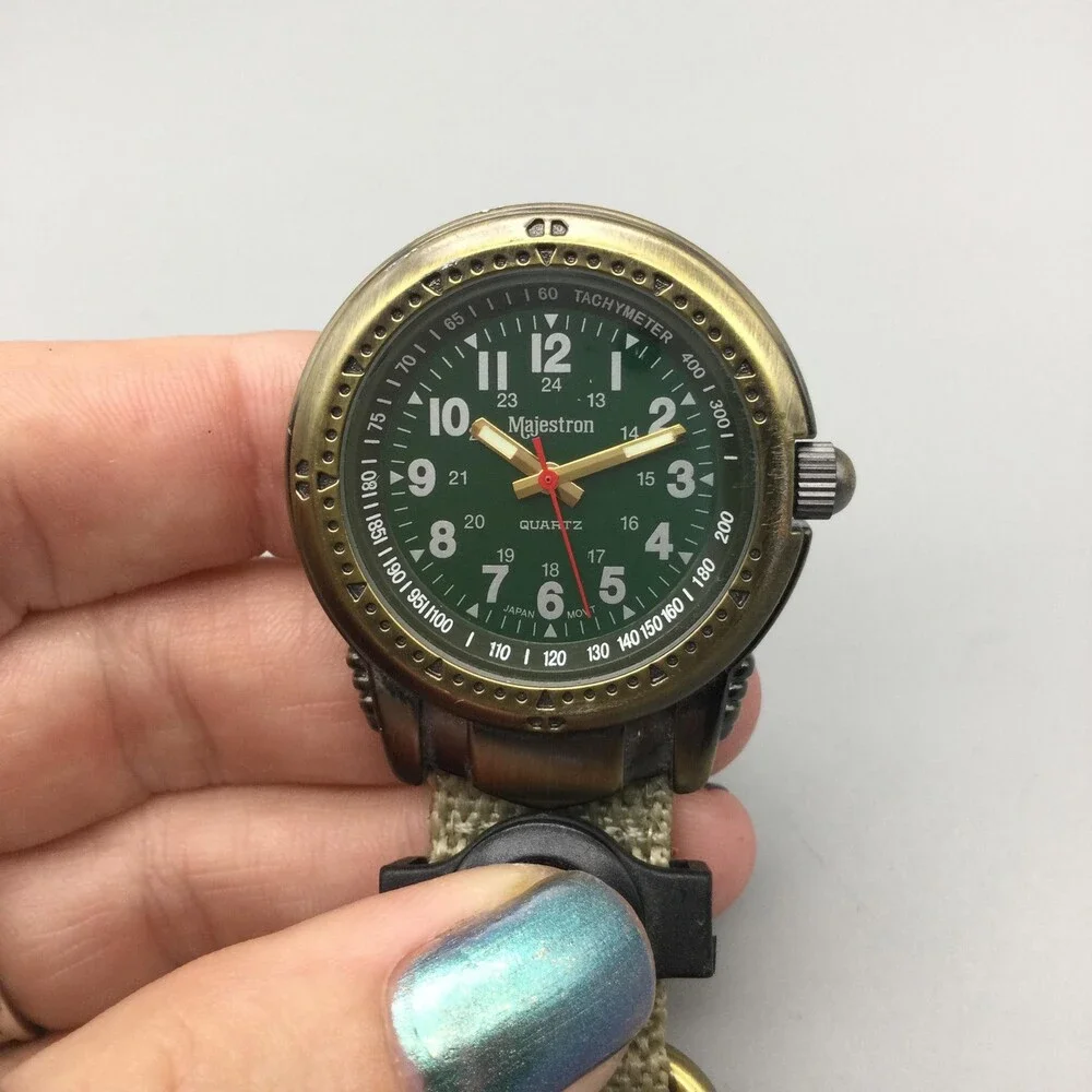 Majestron Key Ring Watch Mens 37mm Green Dial Brass Tone Compass New Battery